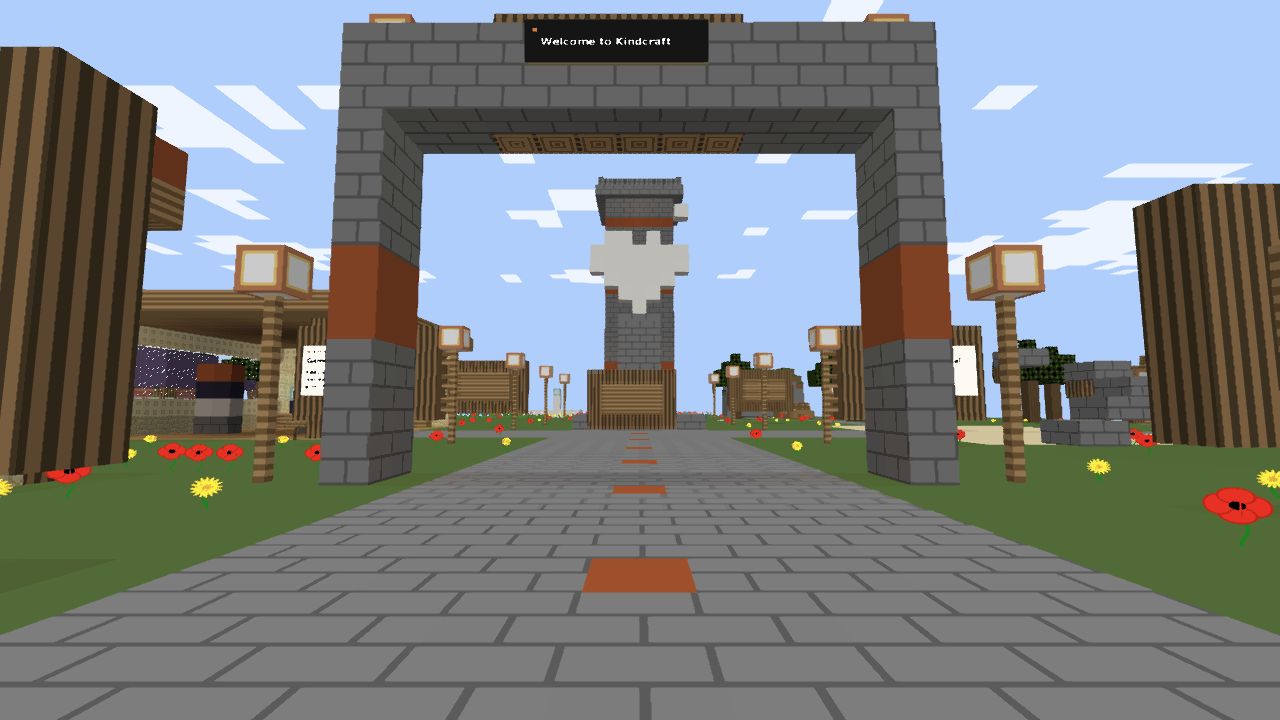 Inside Kindcraft: the welcome arch, heart plaza and community world